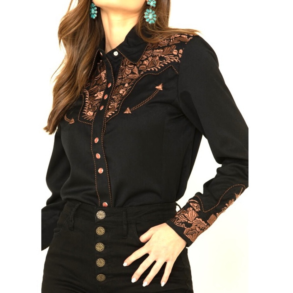 Scully | Floral Embroidered Western Shirt in Black